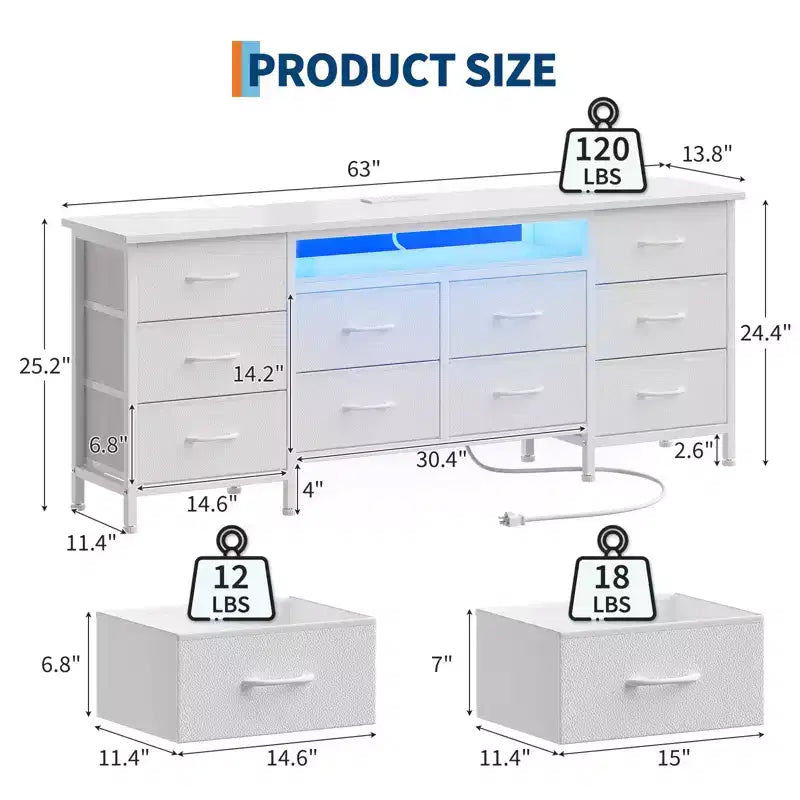 Comò lungo per camera da letto con 10 cassetti in tessuto e presa di corrente e luce LED, mobile TV per TV da 65-75 pollici