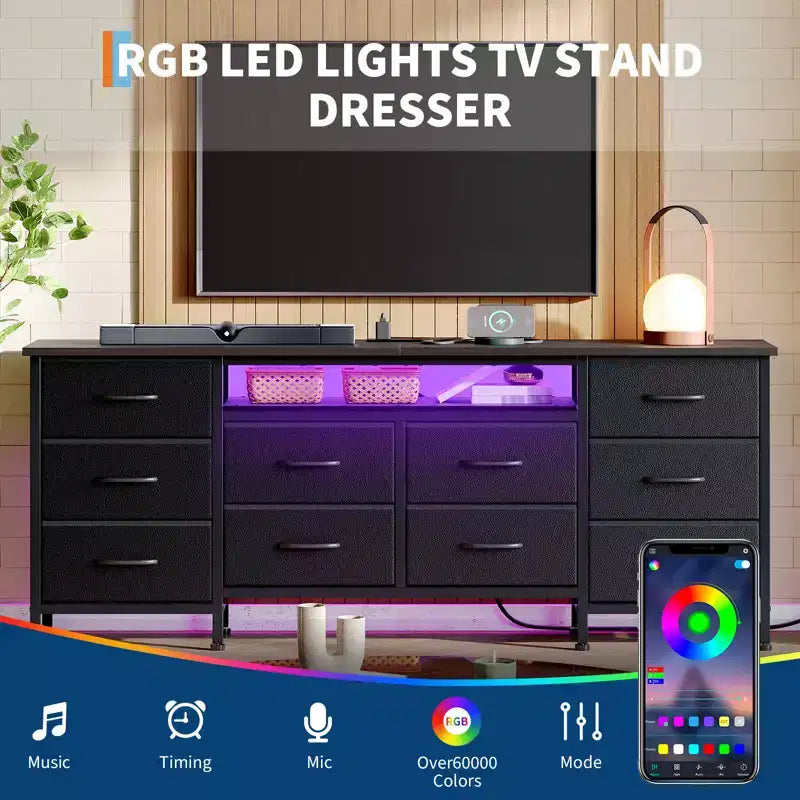 Comò lungo per camera da letto con 10 cassetti in tessuto e presa di corrente e luce LED, mobile TV per TV da 65-75 pollici