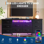 Comò lungo per camera da letto con 10 cassetti in tessuto e presa di corrente e luce LED, mobile TV per TV da 65-75 pollici
