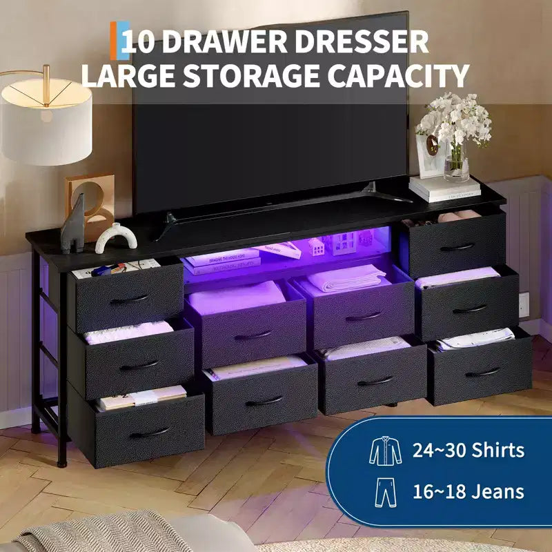 Comò lungo per camera da letto con 10 cassetti in tessuto e presa di corrente e luce LED, mobile TV per TV da 65-75 pollici