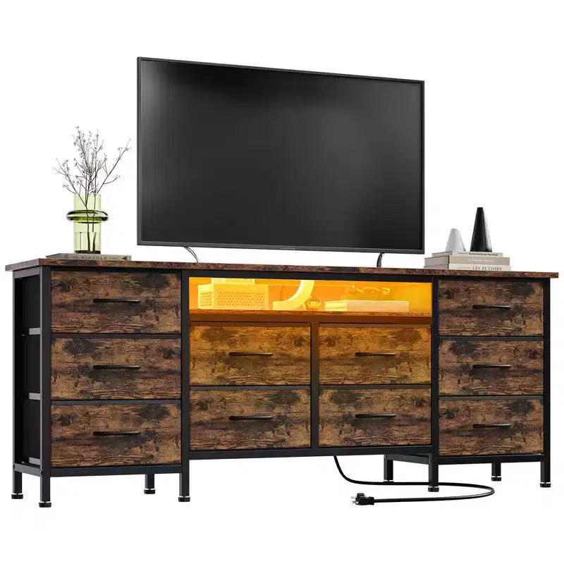 Comò lungo per camera da letto con 10 cassetti in tessuto e presa di corrente e luce LED, mobile TV per TV da 65-75 pollici