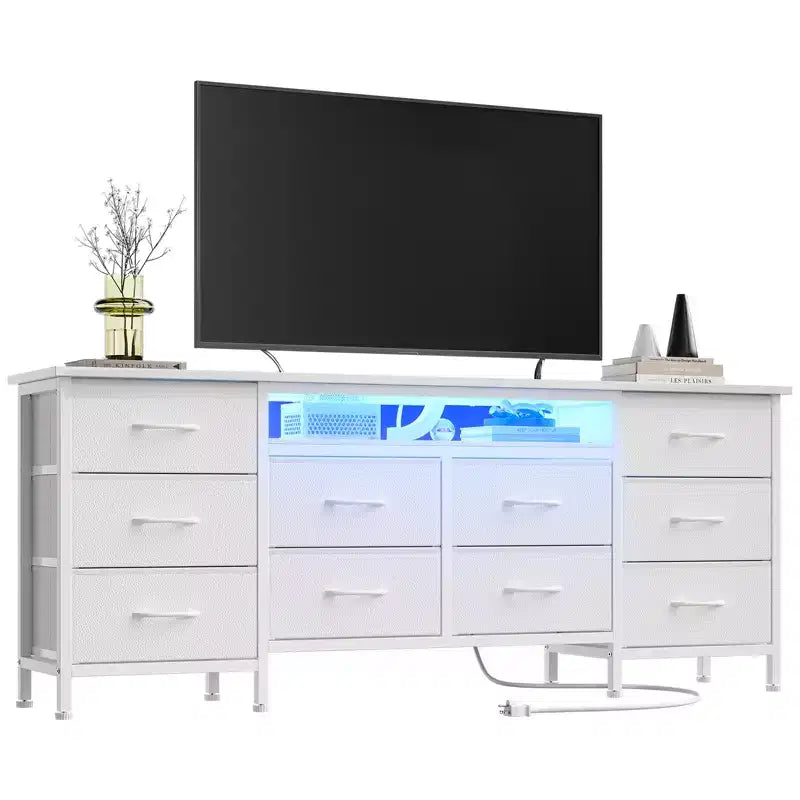 Comò lungo per camera da letto con 10 cassetti in tessuto e presa di corrente e luce LED, mobile TV per TV da 65-75 pollici