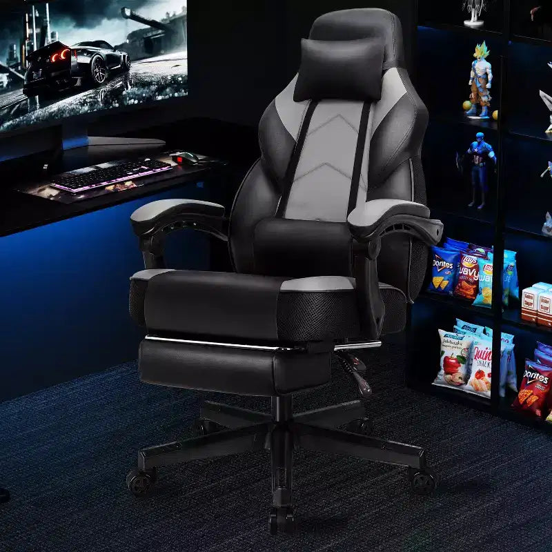 Sedie da gaming per adulti con poggiapiedi, schienale alto, con supporto lombare massaggiante, sedie da computer girevoli a 360° regolabili in altezza