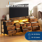 Comò nero da 70" con 13 cassetti in tessuto e luci a LED, cassettiera larga con struttura in metallo per camera da letto e soggiorno