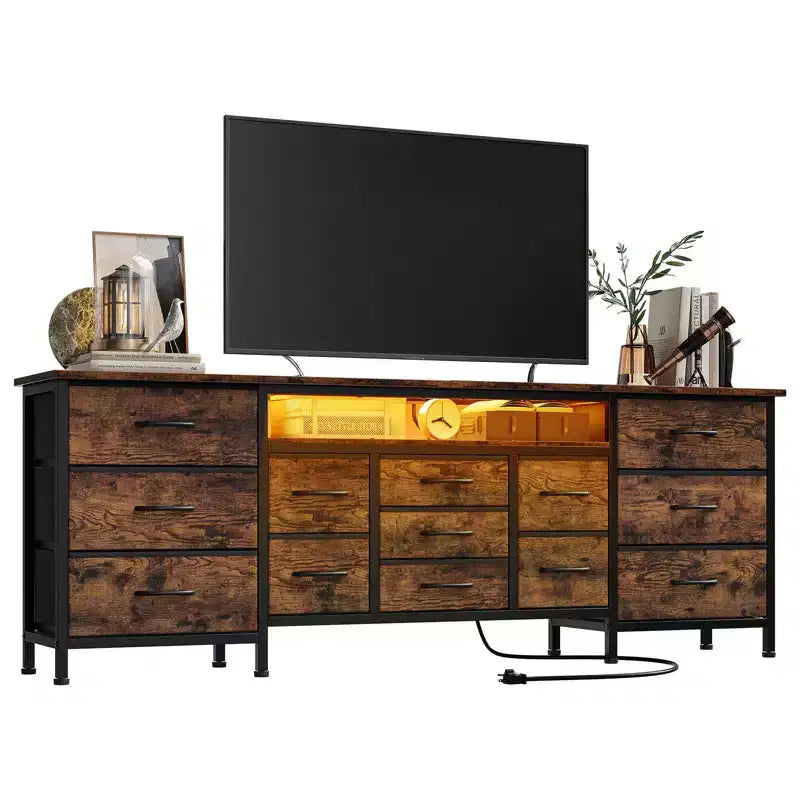 Comò nero da 70" con 13 cassetti in tessuto e luci a LED, cassettiera larga con struttura in metallo per camera da letto e soggiorno