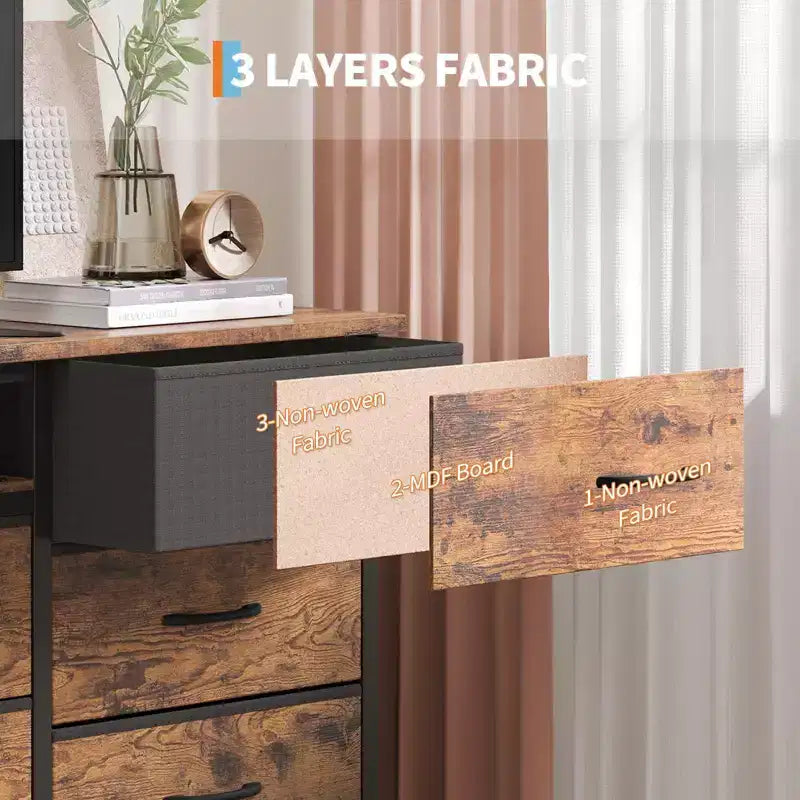 Comò nero da 70" con 13 cassetti in tessuto e luci a LED, cassettiera larga con struttura in metallo per camera da letto e soggiorno