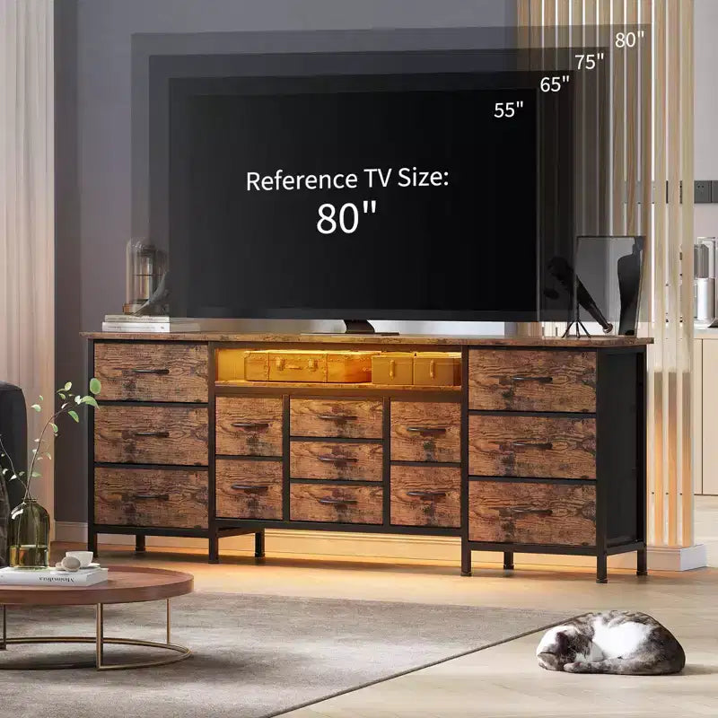 Comò nero da 70" con 13 cassetti in tessuto e luci a LED, cassettiera larga con struttura in metallo per camera da letto e soggiorno