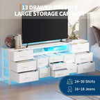 Comò nero da 70" con 13 cassetti in tessuto e luci a LED, cassettiera larga con struttura in metallo per camera da letto e soggiorno