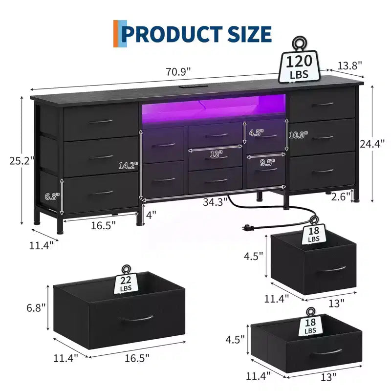 Comò nero da 70" con 13 cassetti in tessuto e luci a LED, cassettiera larga con struttura in metallo per camera da letto e soggiorno