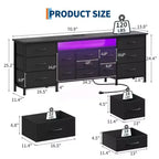 Comò nero da 70" con 13 cassetti in tessuto e luci a LED, cassettiera larga con struttura in metallo per camera da letto e soggiorno