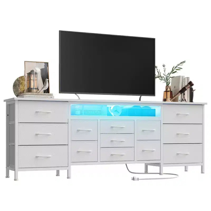 Comò nero da 70" con 13 cassetti in tessuto e luci a LED, cassettiera larga con struttura in metallo per camera da letto e soggiorno