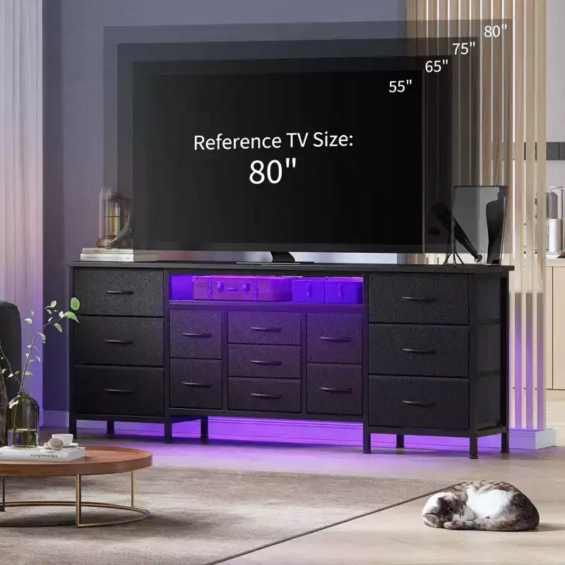 Comò nero da 70" con 13 cassetti in tessuto e luci a LED, cassettiera larga con struttura in metallo per camera da letto e soggiorno