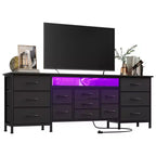 Comò nero da 70" con 13 cassetti in tessuto e luci a LED, cassettiera larga con struttura in metallo per camera da letto e soggiorno