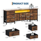 Comò nero da 70" con 13 cassetti in tessuto e luci a LED, cassettiera larga con struttura in metallo per camera da letto e soggiorno