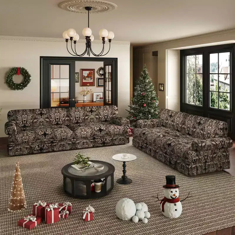 MAYEERTY 74 Luxuriously Comfortable 3 Seater Cloud Couch, Oxford Fabric Sofa with Rolled Arms & Pleated Skirt Design Black Floral