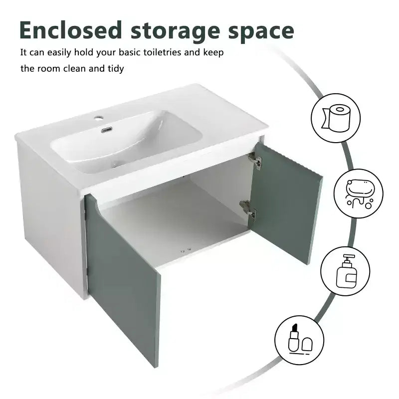 Mobile bagno moderno a parete con lavabo, mobiletto bagno sospeso, mobile per bagno di appartamento piccolo verde menta