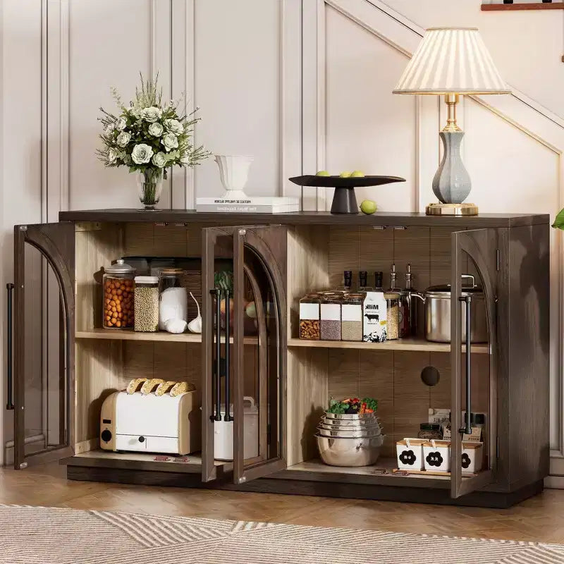 Credenza a 4 ante con ampio spazio di archiviazione e ante in vetro, mobile ad arco con ripiani regolabili per cucina, sala da pranzo e soggiorno