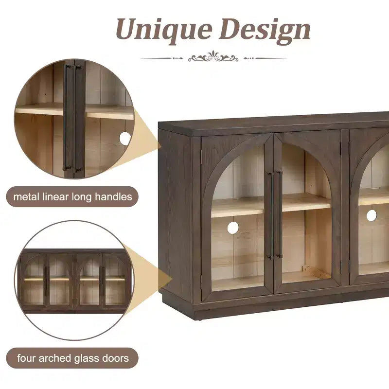 Credenza a 4 ante con ampio spazio di archiviazione e ante in vetro, mobile ad arco con ripiani regolabili per cucina, sala da pranzo e soggiorno