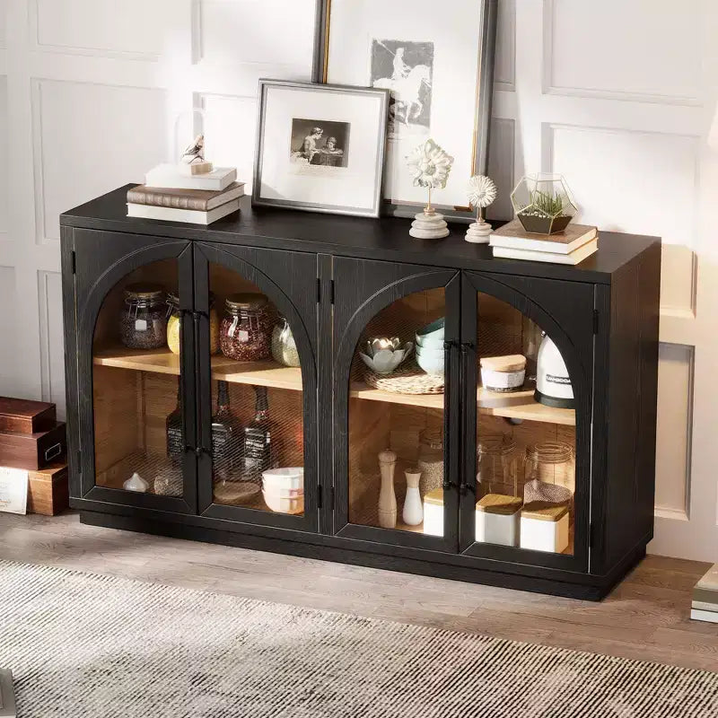 Credenza a 4 ante con ampio spazio di archiviazione e ante in vetro, mobile ad arco con ripiani regolabili per cucina, sala da pranzo e soggiorno
