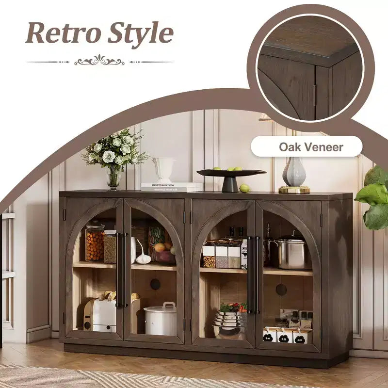 Credenza a 4 ante con ampio spazio di archiviazione e ante in vetro, mobile ad arco con ripiani regolabili per cucina, sala da pranzo e soggiorno