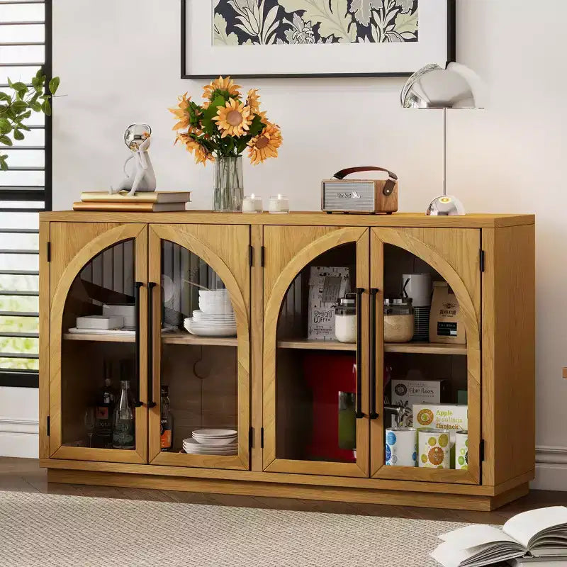 Credenza a 4 ante con ampio spazio di archiviazione e ante in vetro, mobile ad arco con ripiani regolabili per cucina, sala da pranzo e soggiorno