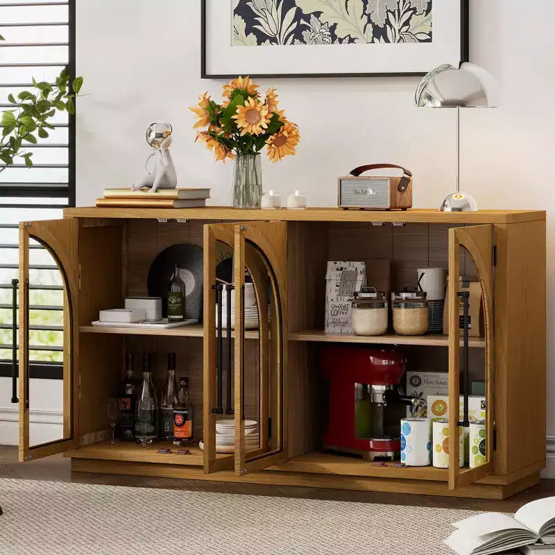 Credenza a 4 ante con ampio spazio di archiviazione e ante in vetro, mobile ad arco con ripiani regolabili per cucina, sala da pranzo e soggiorno