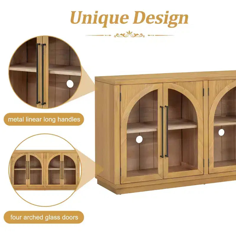 Credenza a 4 ante con ampio spazio di archiviazione e ante in vetro, mobile ad arco con ripiani regolabili per cucina, sala da pranzo e soggiorno