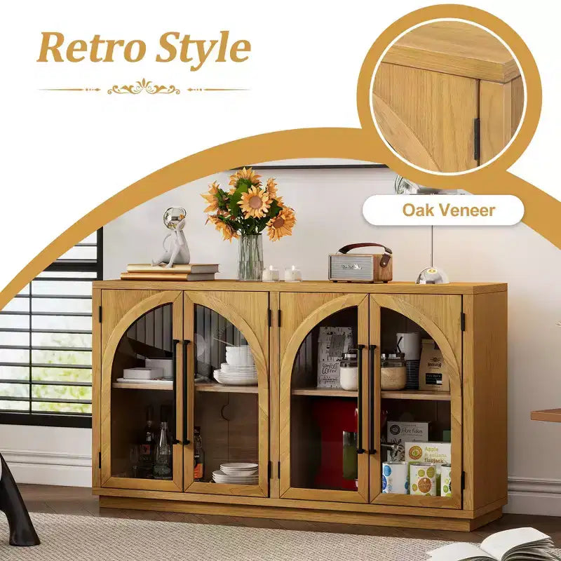 Credenza a 4 ante con ampio spazio di archiviazione e ante in vetro, mobile ad arco con ripiani regolabili per cucina, sala da pranzo e soggiorno