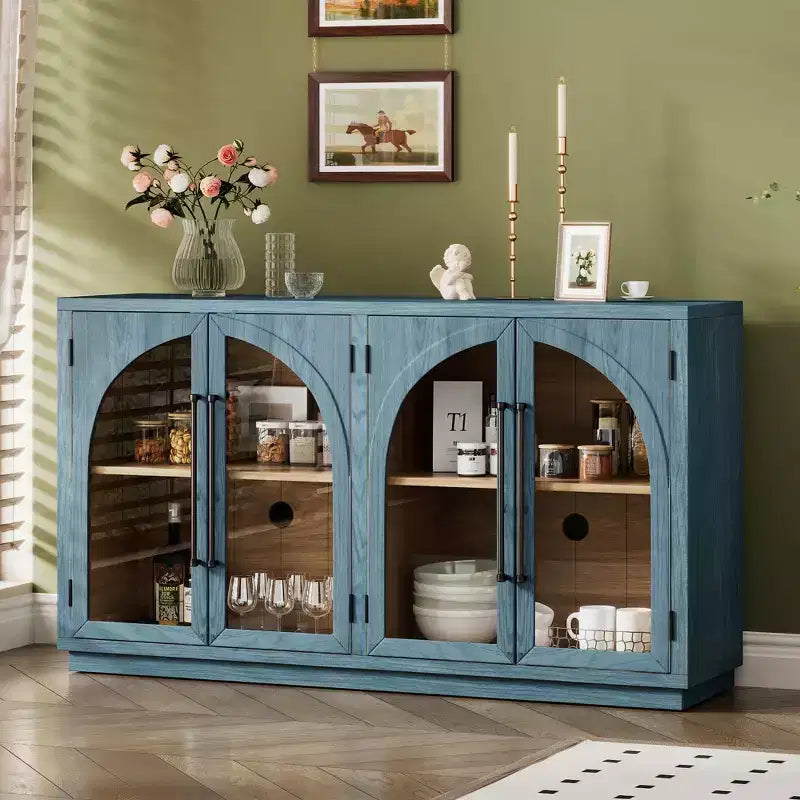 Credenza a 4 ante con ampio spazio di archiviazione e ante in vetro, mobile ad arco con ripiani regolabili per cucina, sala da pranzo e soggiorno
