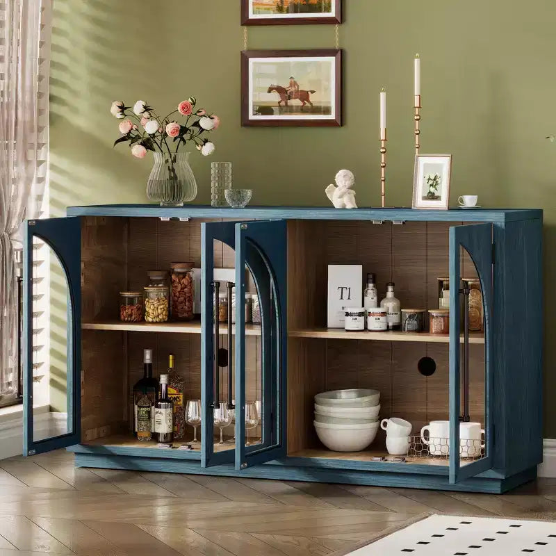Credenza a 4 ante con ampio spazio di archiviazione e ante in vetro, mobile ad arco con ripiani regolabili per cucina, sala da pranzo e soggiorno