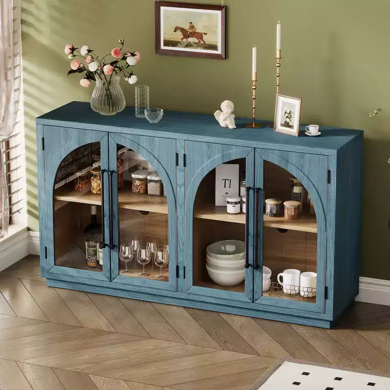 Credenza a 4 ante con ampio spazio di archiviazione e ante in vetro, mobile ad arco con ripiani regolabili per cucina, sala da pranzo e soggiorno