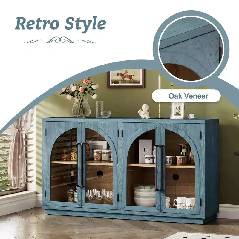 Credenza a 4 ante con ampio spazio di archiviazione e ante in vetro, mobile ad arco con ripiani regolabili per cucina, sala da pranzo e soggiorno