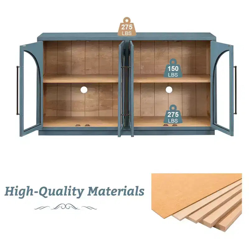 Credenza a 4 ante con ampio spazio di archiviazione e ante in vetro, mobile ad arco con ripiani regolabili per cucina, sala da pranzo e soggiorno