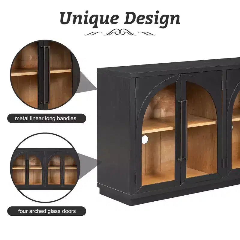 Credenza a 4 ante con ampio spazio di archiviazione e ante in vetro, mobile ad arco con ripiani regolabili per cucina, sala da pranzo e soggiorno