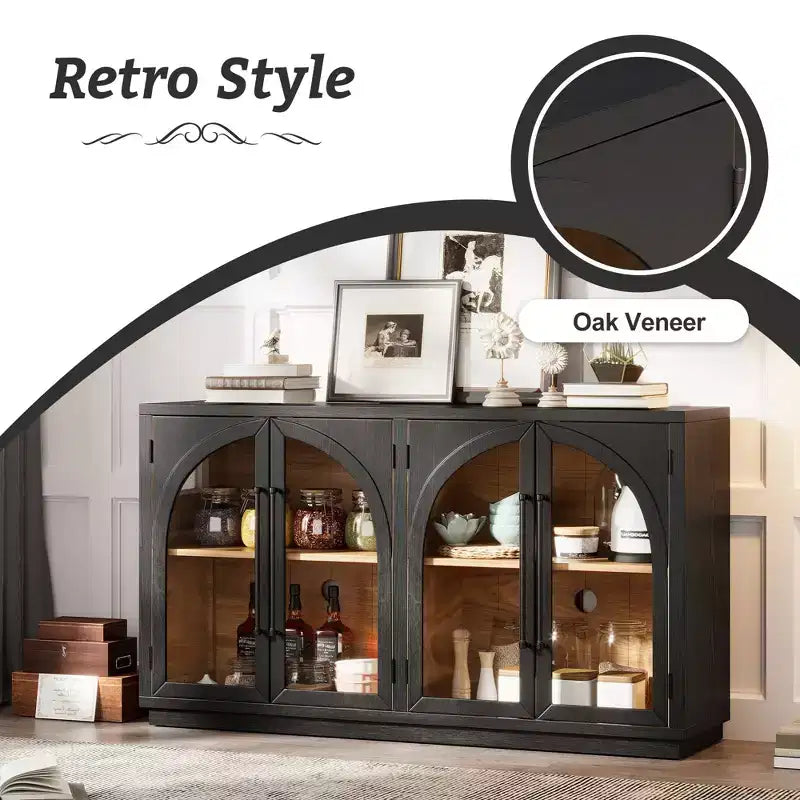 Credenza a 4 ante con ampio spazio di archiviazione e ante in vetro, mobile ad arco con ripiani regolabili per cucina, sala da pranzo e soggiorno