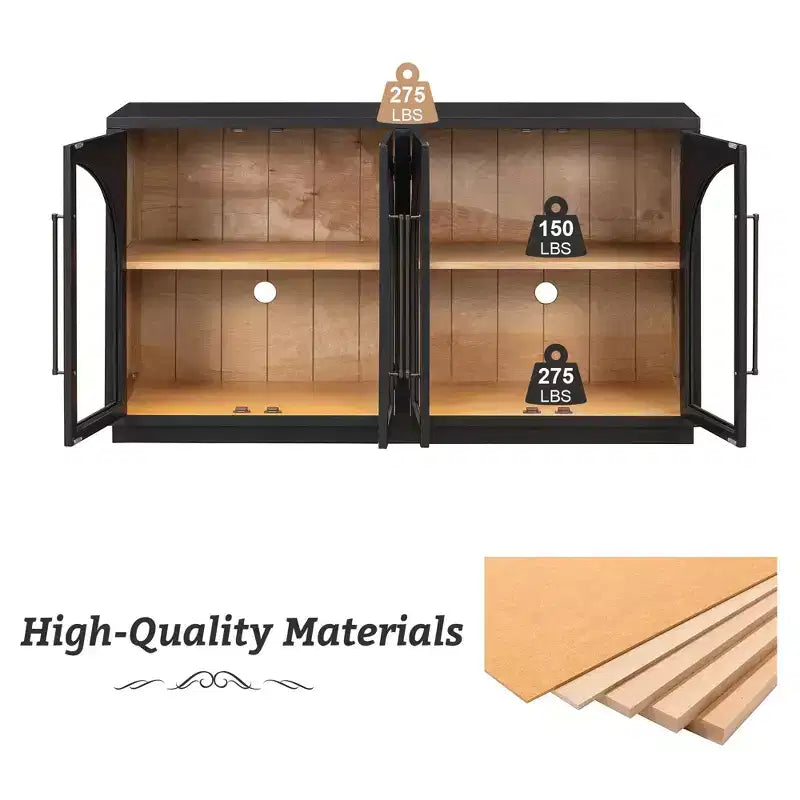 Credenza a 4 ante con ampio spazio di archiviazione e ante in vetro, mobile ad arco con ripiani regolabili per cucina, sala da pranzo e soggiorno