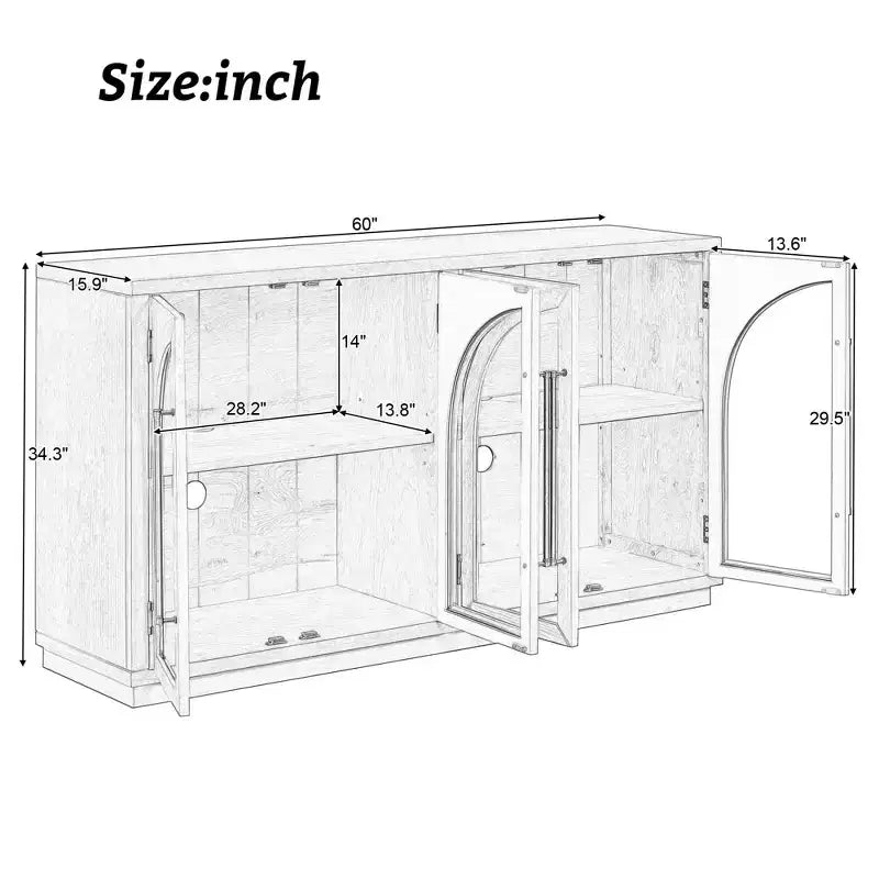 Credenza a 4 ante con ampio spazio di archiviazione e ante in vetro, mobile ad arco con ripiani regolabili per cucina, sala da pranzo e soggiorno