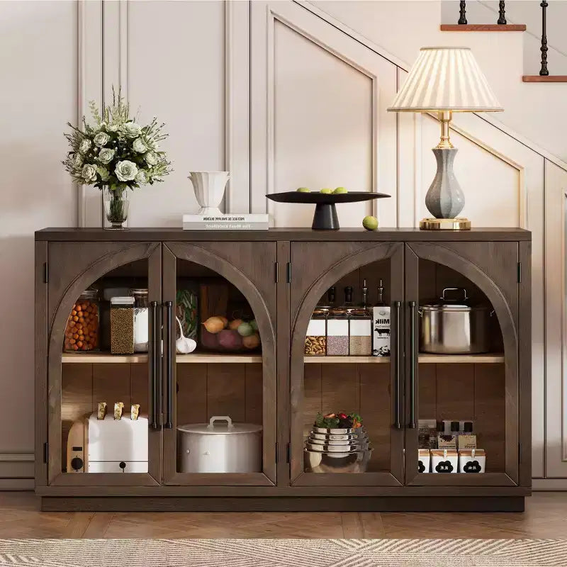 Credenza a 4 ante con ampio spazio di archiviazione e ante in vetro, mobile ad arco con ripiani regolabili per cucina, sala da pranzo e soggiorno