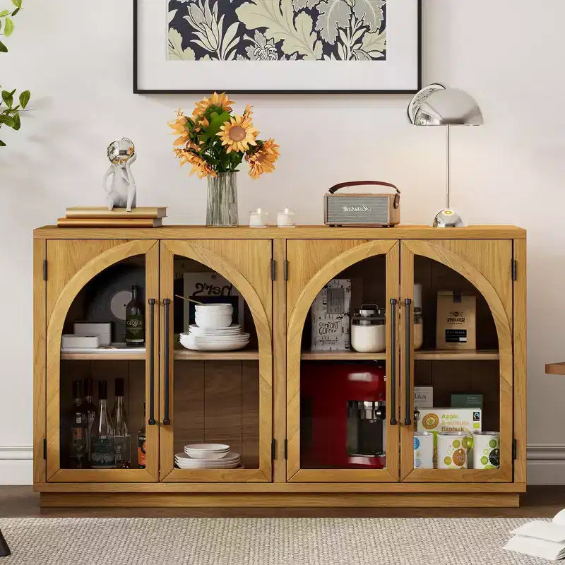 Credenza a 4 ante con ampio spazio di archiviazione e ante in vetro, mobile ad arco con ripiani regolabili per cucina, sala da pranzo e soggiorno
