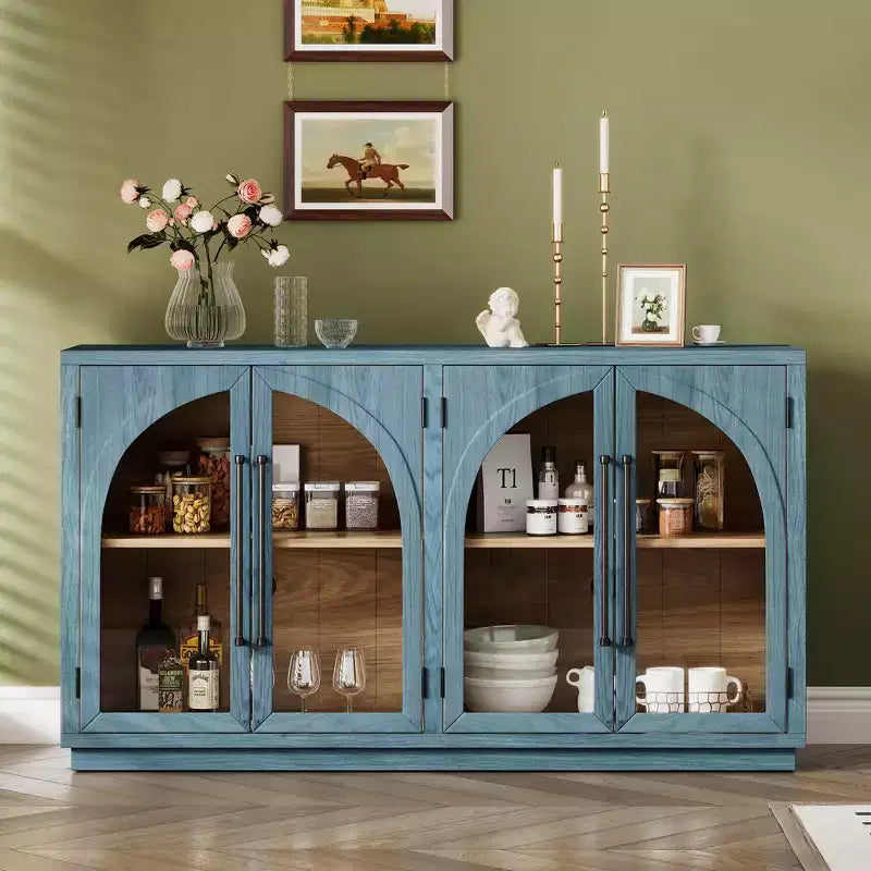 Credenza a 4 ante con ampio spazio di archiviazione e ante in vetro, mobile ad arco con ripiani regolabili per cucina, sala da pranzo e soggiorno