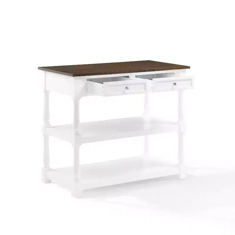 Caitlyn Isola Cucina Piano in Legno Bianco/Marrone Scuro - Contenitore, Gambe Tornite, Ripiani Fissi