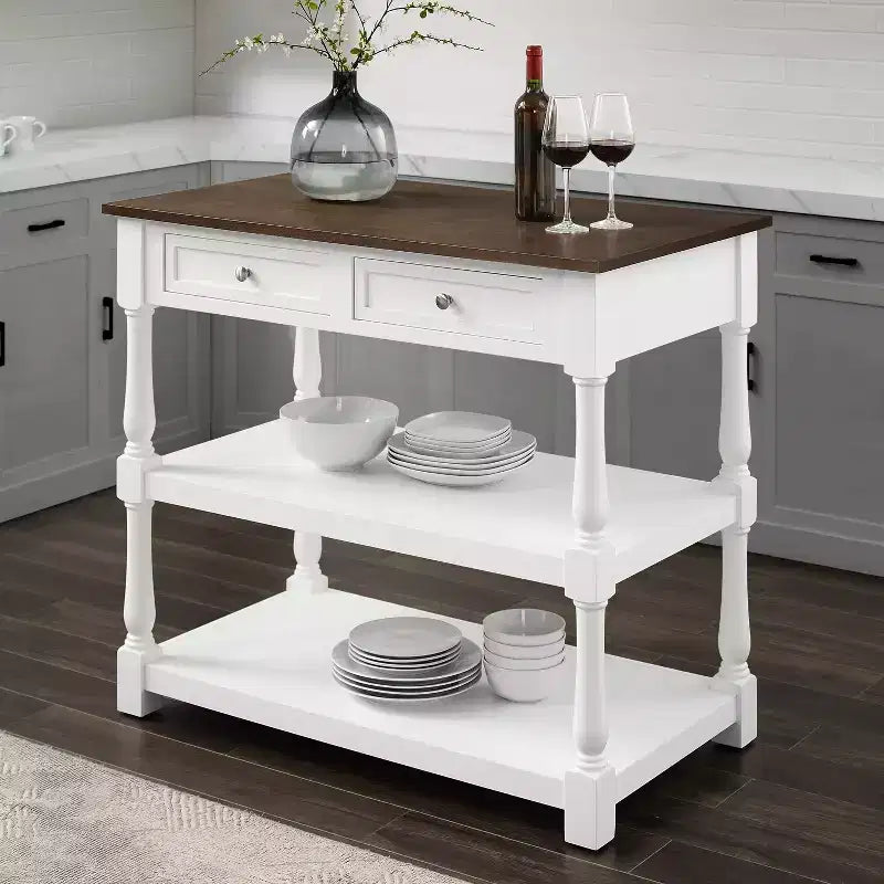 Caitlyn Isola Cucina Piano in Legno Bianco/Marrone Scuro - Contenitore, Gambe Tornite, Ripiani Fissi