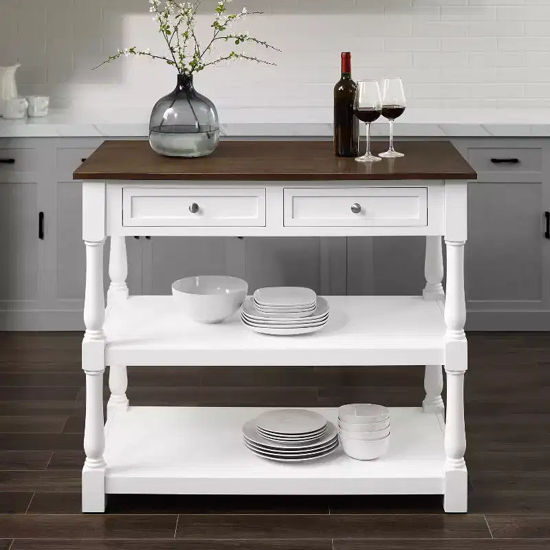 Caitlyn Isola Cucina Piano in Legno Bianco/Marrone Scuro - Contenitore, Gambe Tornite, Ripiani Fissi
