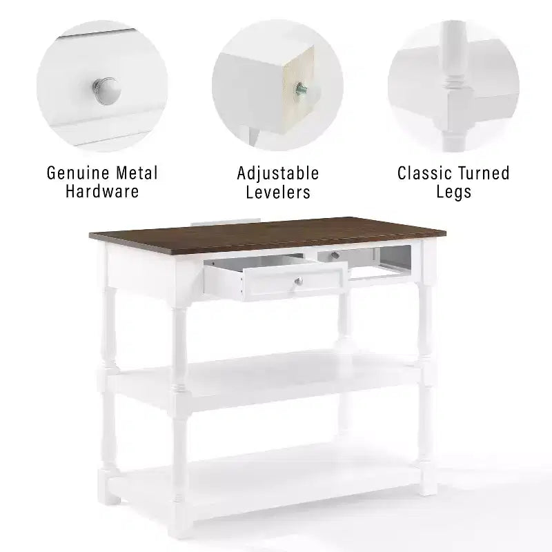 Caitlyn Isola Cucina Piano in Legno Bianco/Marrone Scuro - Contenitore, Gambe Tornite, Ripiani Fissi