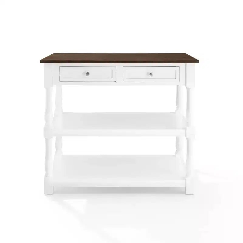 Caitlyn Isola Cucina Piano in Legno Bianco/Marrone Scuro - Contenitore, Gambe Tornite, Ripiani Fissi
