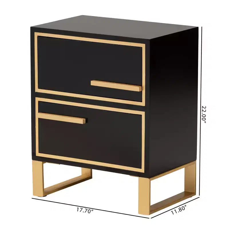 Giolla Comodino a 2 Cassetti in Legno e Metallo Nero/Oro - Elegante Tavolino con Contenitore, Design Moderno