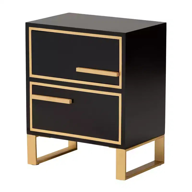 Giolla Comodino a 2 Cassetti in Legno e Metallo Nero/Oro - Elegante Tavolino con Contenitore, Design Moderno