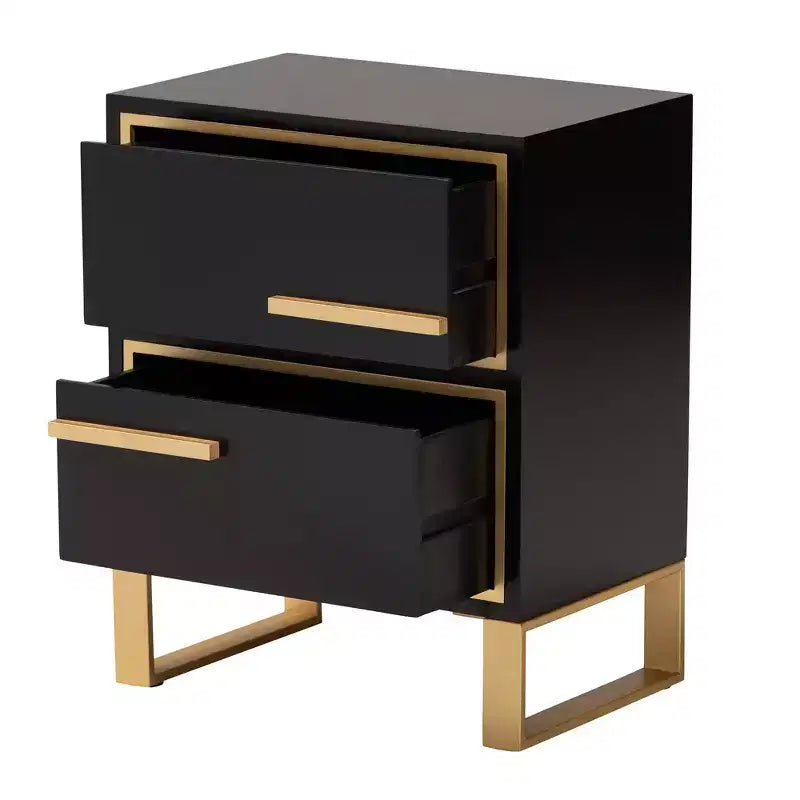 Giolla Comodino a 2 Cassetti in Legno e Metallo Nero/Oro - Elegante Tavolino con Contenitore, Design Moderno