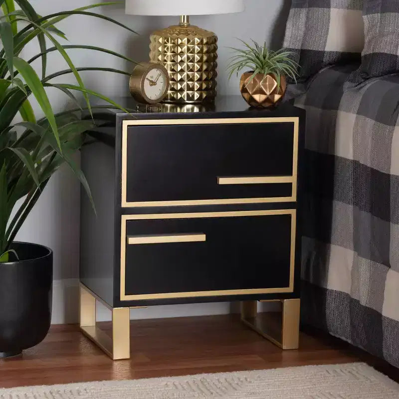 Giolla Comodino a 2 Cassetti in Legno e Metallo Nero/Oro - Elegante Tavolino con Contenitore, Design Moderno