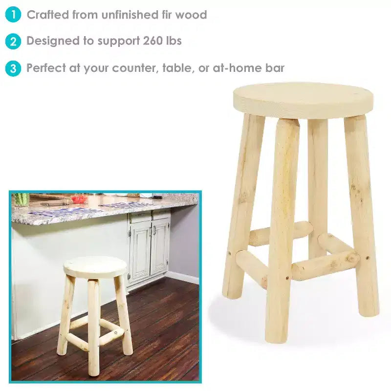 Sgabello alto da bancone con piano rotondo in legno non rifinito - Legno di abete - 24"